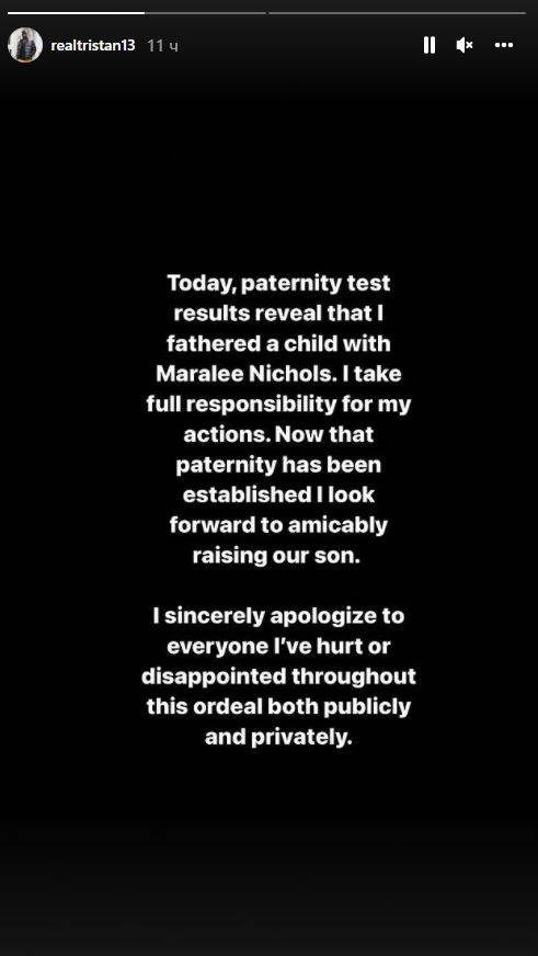 Tristan Tomson potvrdio je na Instagramu da je otac deteta koji je dobio sa ljubavnicom. 