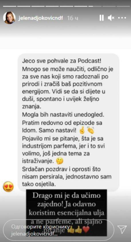  Jelena Đoković otkrila je na Instagramu da ne koristi parfeme. 