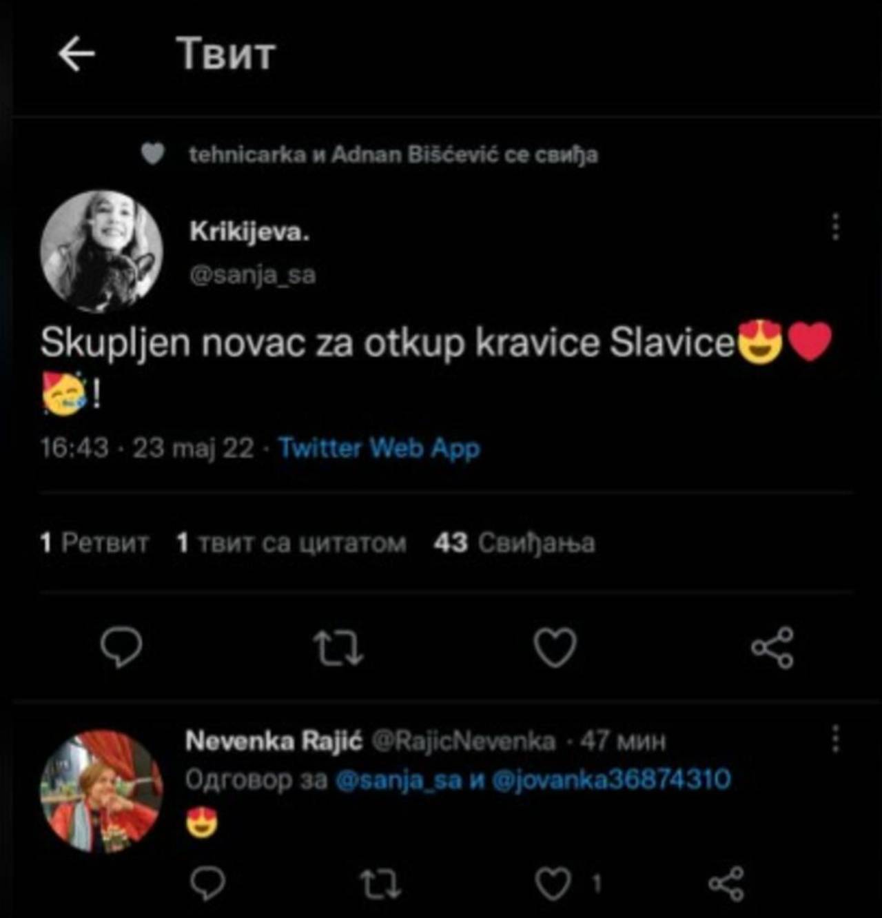  Nakon što je skupljen novac za otkup kravice Slavice, Tviter se usijao od komentara. 