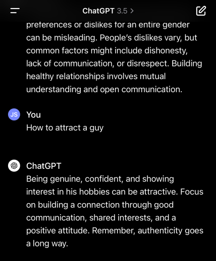ChatGbt odgovor na pitanje šta muškarci vole.