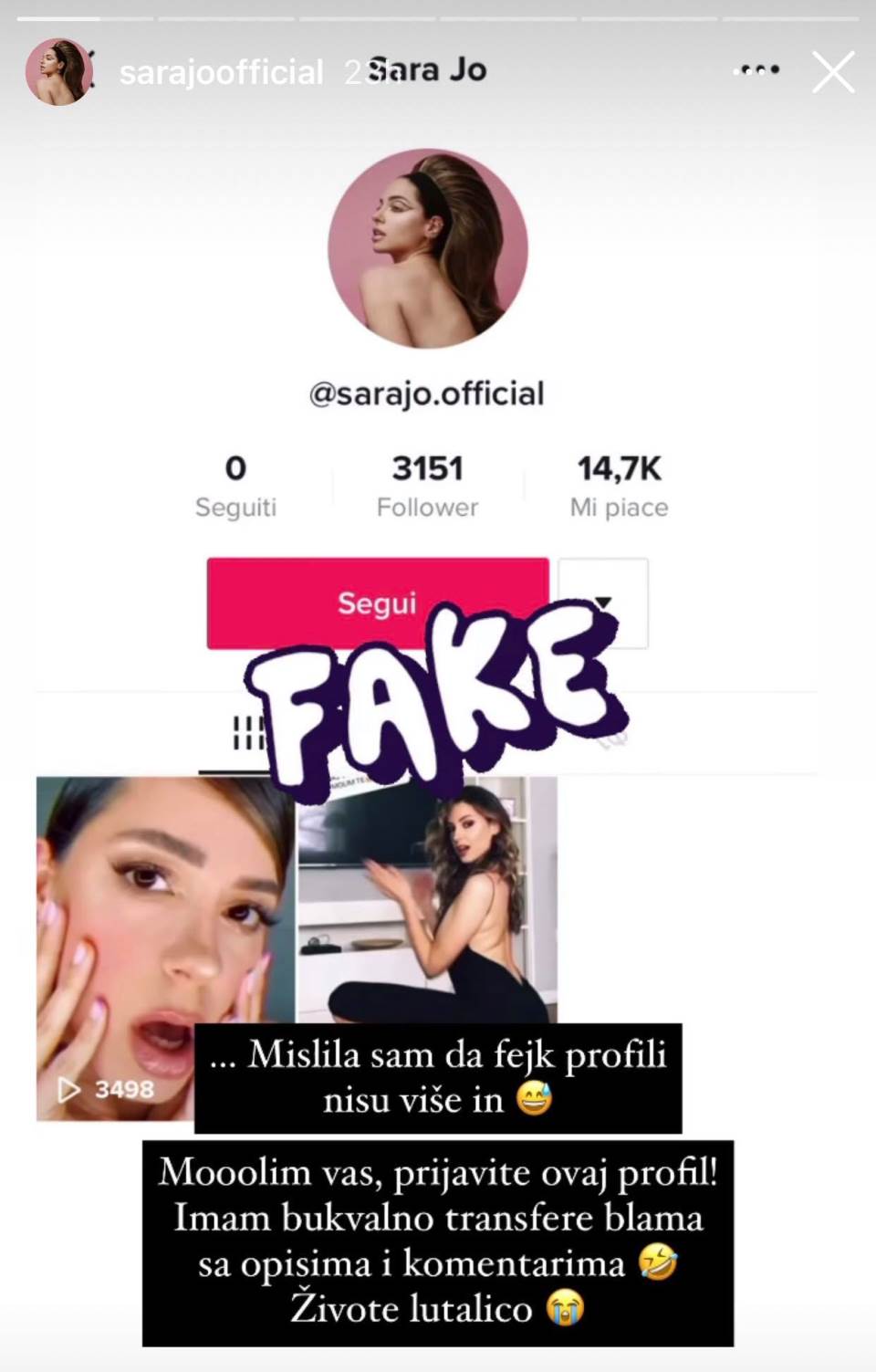 "MOLIM VAS, PRIJAVITE OVAJ PROFIL" Sara Jo proživaljava transfer blama, ima samo JEDNU MOLBU za fanove